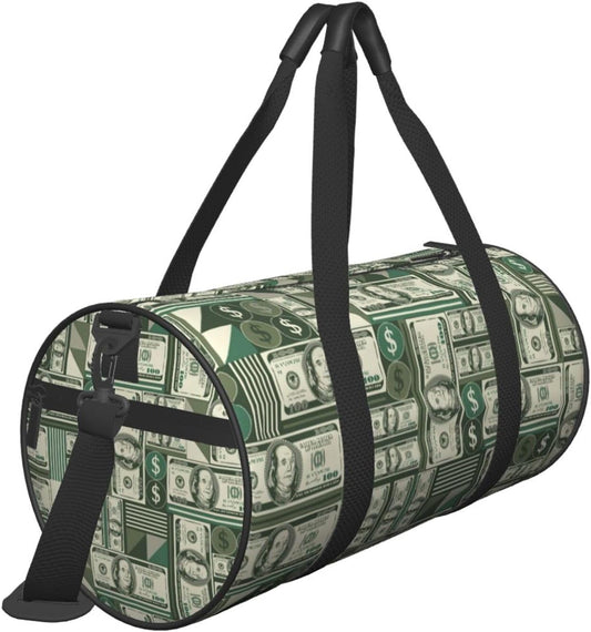 Money Sports Gym Bag Geometric Hundred Dollar Bills Travel Duffel Bag Shoes Compartment For Men Women Foldable Lightweight Yoga Gym Sports Bag