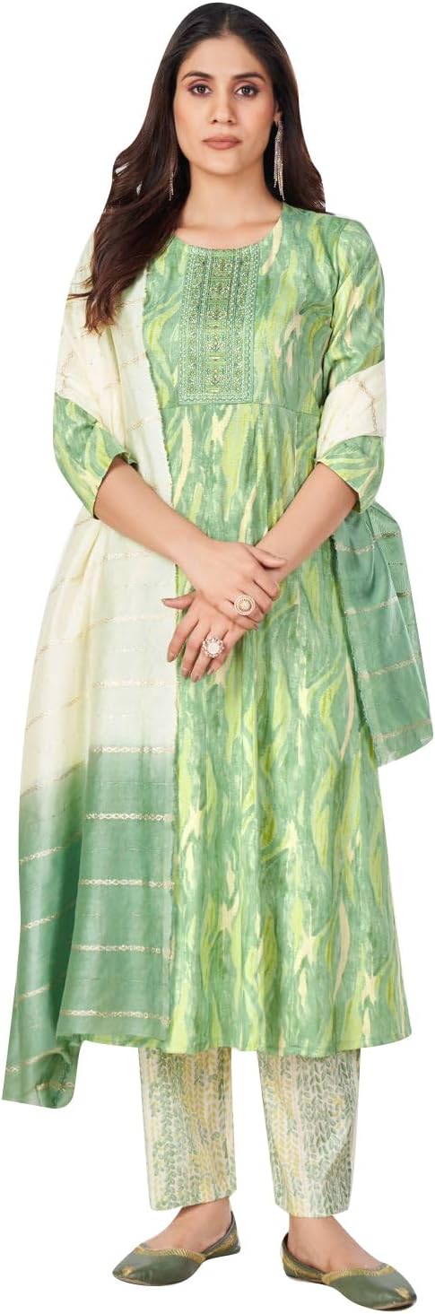 ladyline Anarkali Nyra Cut Salwar Kameez - Rayon Silk Printed Embroidered Kurta Pants Set - Silk Dupatta