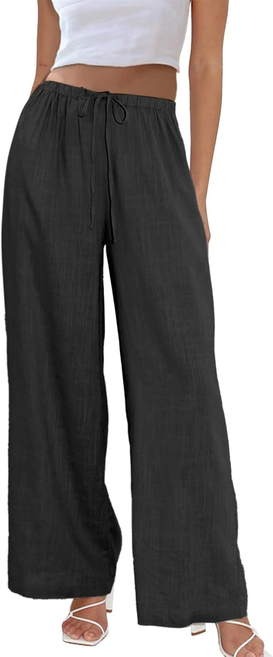 Duyang Womens Cotton Linen Palazzo Pants Drawstring Elastic Waist Casual Wide Leg Trousers with Pockets