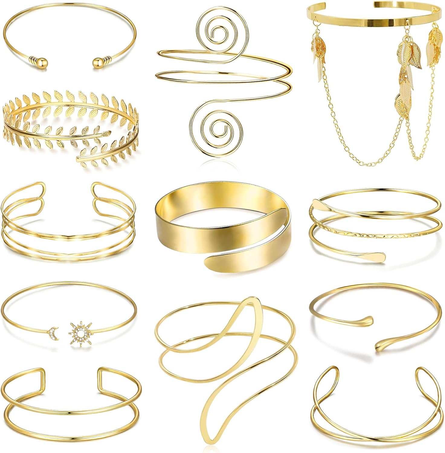 6-12 Pcs Arm Cuff Bracelets for Women Gold UpperCuff Cuff Bangle Bracelet Open Adjustable Gold Arm Bracelet Set