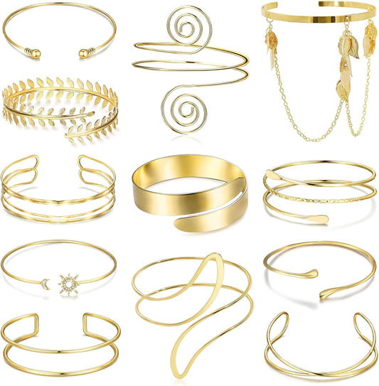 6-12 Pcs Arm Cuff Bracelets for Women Gold UpperCuff Cuff Bangle Bracelet Open Adjustable Gold Arm Bracelet Set
