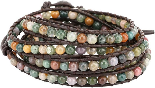 Layered Leather Bracelet, Rivet Leopard Print Bohemian Style Multilayer Wrap Bracelet, Handmade Agate Amethyst Chakra Crystal Glass Beaded Shell Bracelet for Women