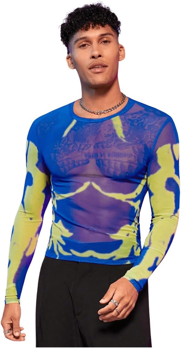 WDIRARA Men's Mesh Shirts Long Sleeve Rave See Through Tee Crewneck Party Club Wear Top