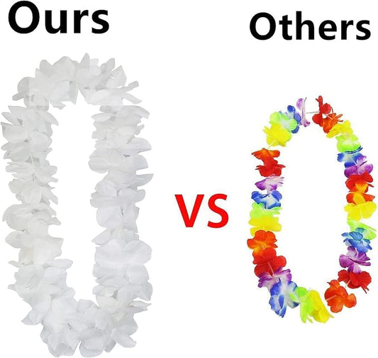 4 Pcs White Hawaiian Leis with Green Leaves for Graduation Party, Dance Party, Photo Prop in Outdoors (White-02)