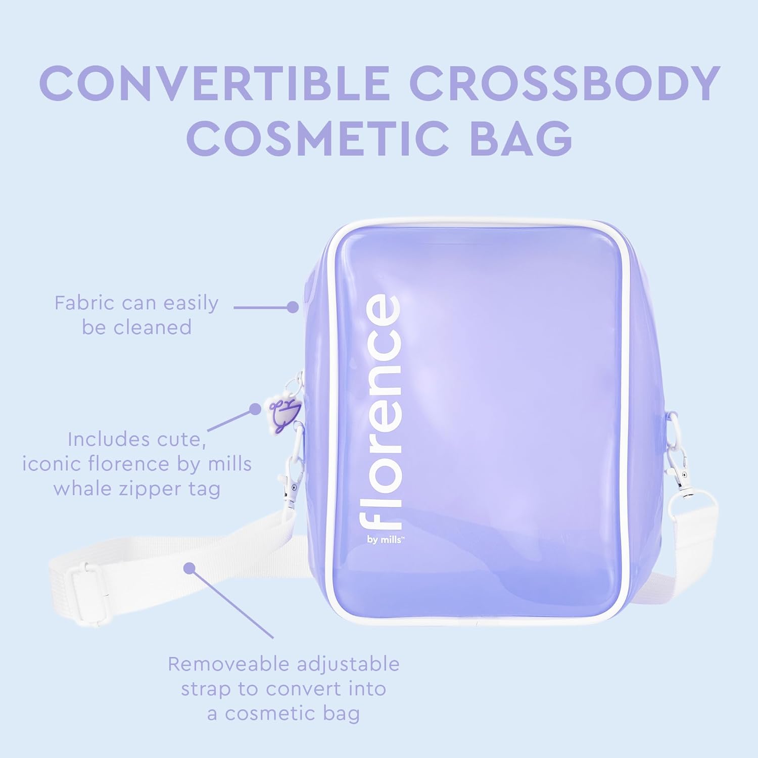 florence by mills Convertible Crossbody Cosmetic Bag, Clear Puple,Removable Adjustable Strap