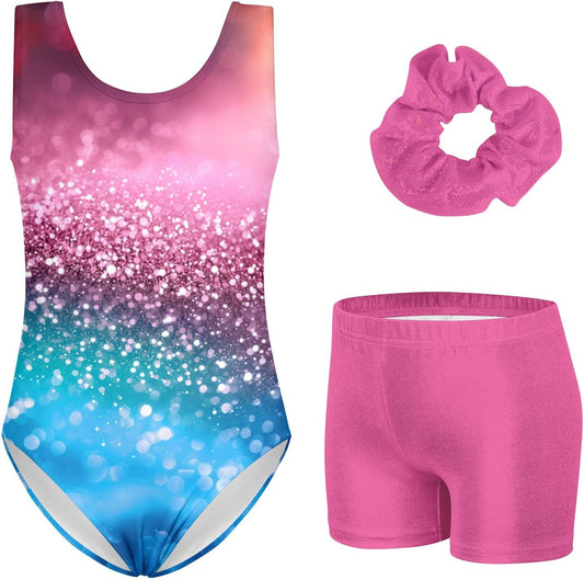 TUONROAD Gymnastics Leotards for Big Girls Size 10 Girls' Pink Blue Glitter Activewear with Cover Short for Age 11 Youth Girl's Gym Unitards Size 8 10 Girl Tumbling Outfits for Gymnastics,10 11 Years