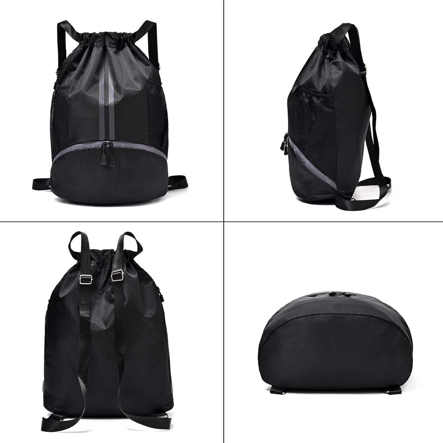 Drawstring Gym Bag for Men, Waterproof Drawstring Backpack for Women, Swim with Shoes Compartment, Pull String Sport Bag for Soccer and Basketball. (Grey)