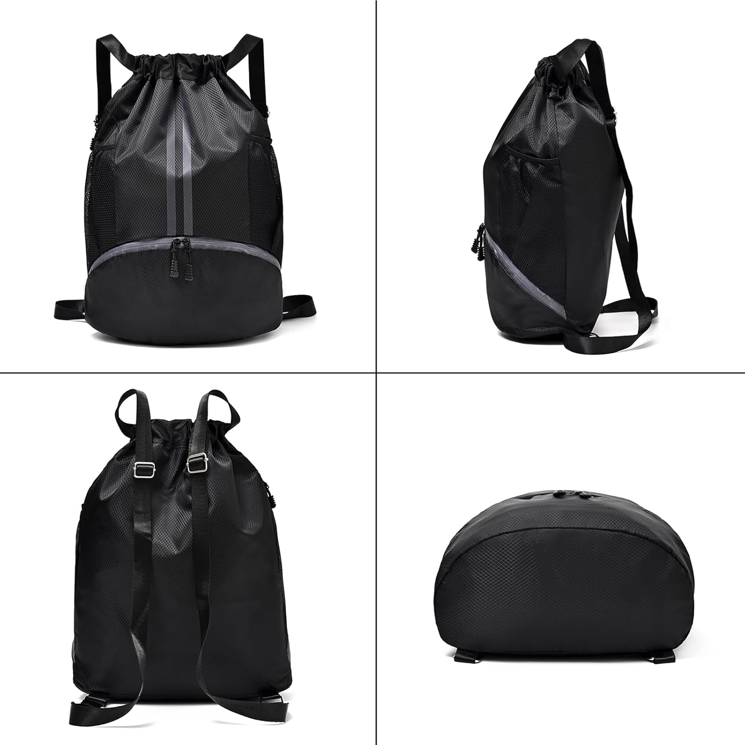 Drawstring Gym Bag for Men, Waterproof Drawstring Backpack for Women, Swim with Shoes Compartment, Pull String Sport Bag for Soccer and Basketball. (Grey)