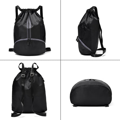 Drawstring Gym Bag for Men, Waterproof Drawstring Backpack for Women, Swim with Shoes Compartment, Pull String Sport Bag for Soccer and Basketball. (Grey)