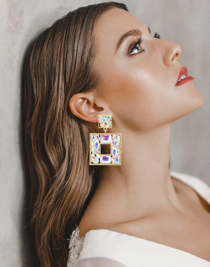 Rhinestone Square Statement Dangle Earrings Trendy Crystal Geometric Drop Earrings Hypoallergenic Jewelry for Women Party