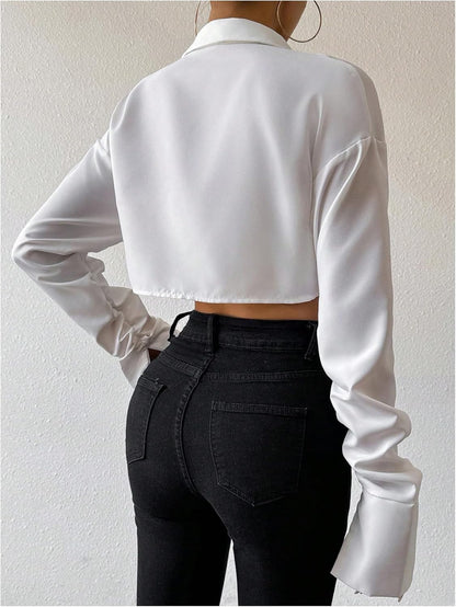 GORGLITTER Women's Long Sleeve Asymmetrical Crop Tops Collared Cropped Button Down Shirt