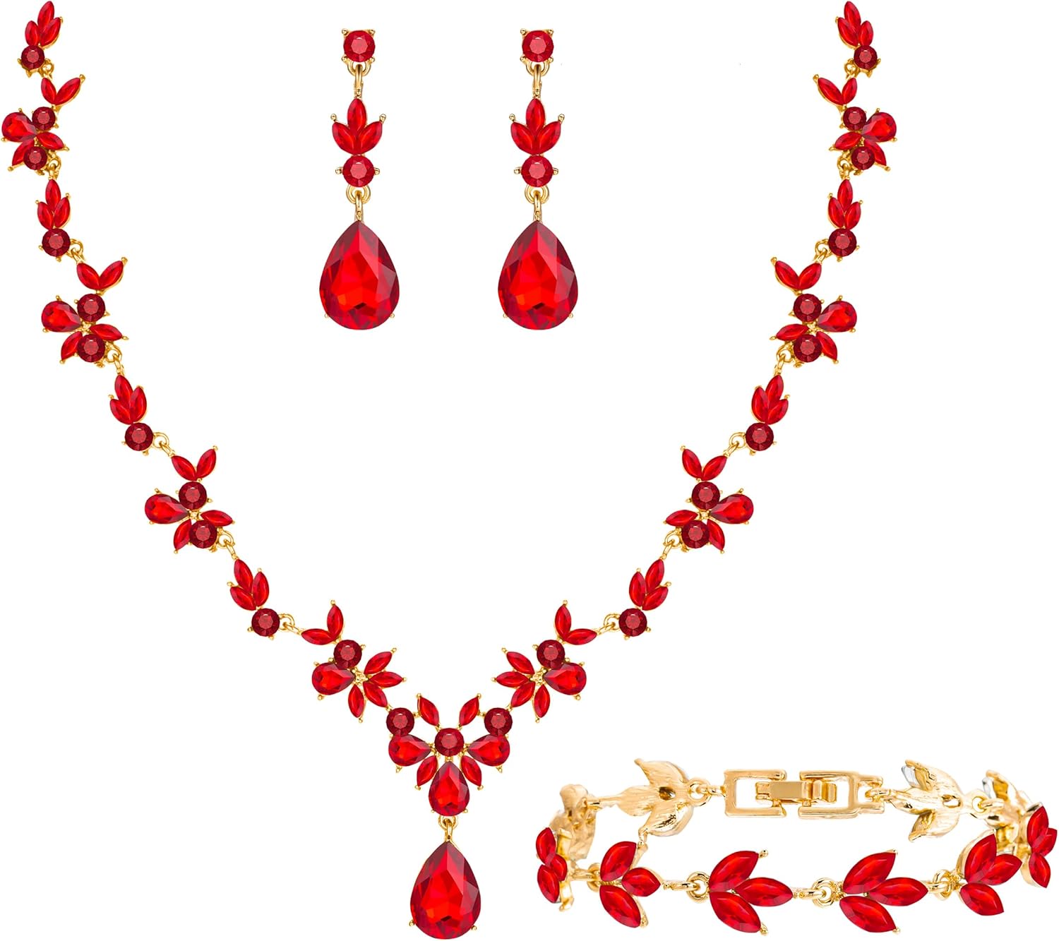Bridal Wedding Elegant Floral Jewelry Set for Women/Brides/Bridesmaids Crystal Jewelry Set for Wedding Prom Party Bridal Crystal Necklace Earrings Bracelet Set
