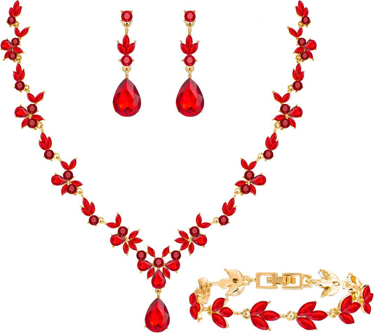 Bridal Wedding Elegant Floral Jewelry Set for Women/Brides/Bridesmaids Crystal Jewelry Set for Wedding Prom Party Bridal Crystal Necklace Earrings Bracelet Set