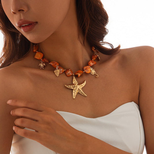 Chunky Pearl Necklace&Bracelet for Women Beach Starfish Shell Boho Statement Jewelry Vacation Freshwater Pearl Choker Summer Coastal Accessories