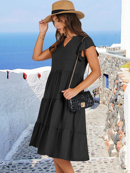 ANRABESS Womens Summer Dress Ruffle Sleeve V Neck Midi Dresses Fashion Casual Fit Flowy Tiered Boho Beach Vacation Sundress