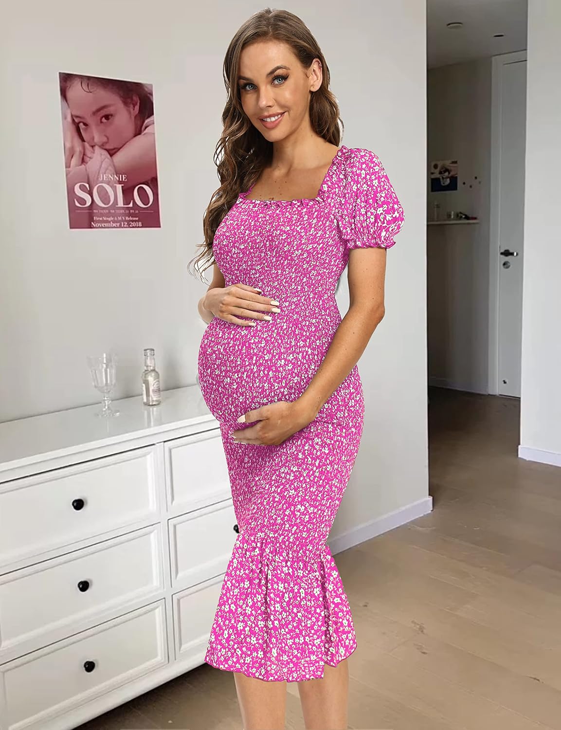 Spring Long Puff Sleeve Maternity Dress Floral Ruffle Hem Mermaid Baby Shower/Photoshoot Dress