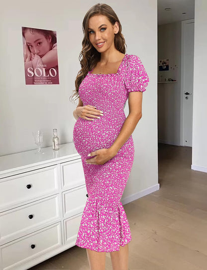 Spring Long Puff Sleeve Maternity Dress Floral Ruffle Hem Mermaid Baby Shower/Photoshoot Dress