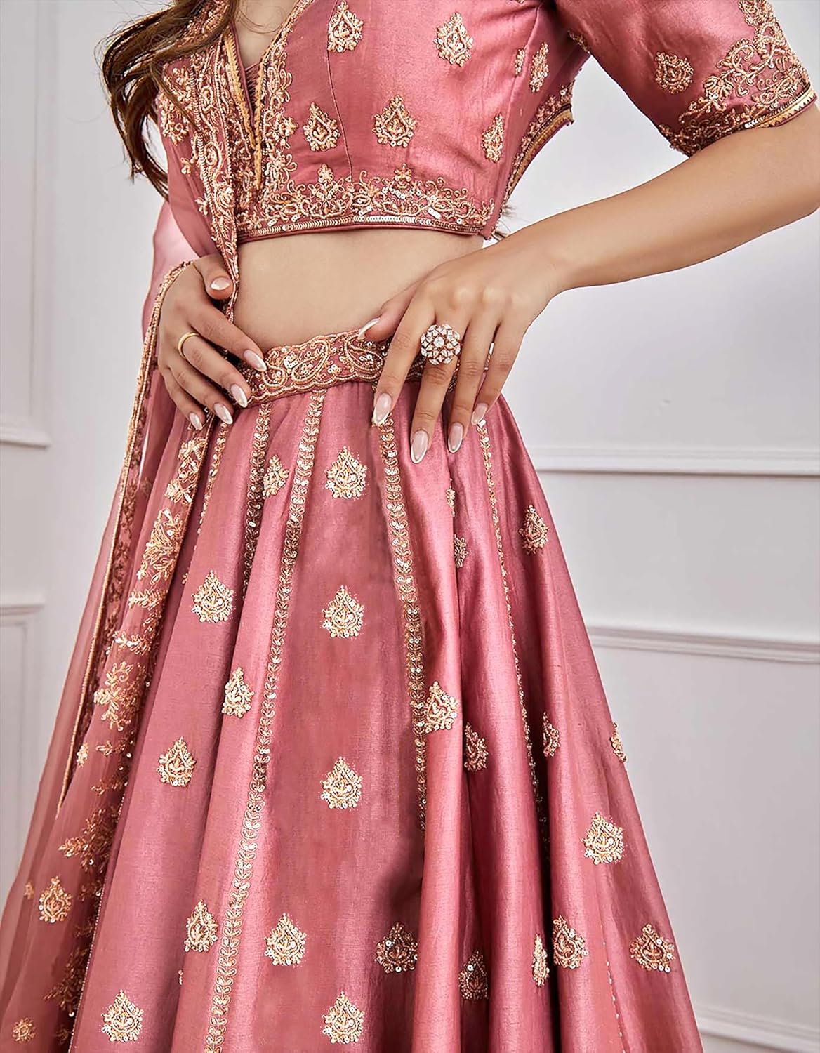 TRENDMALLS Satin Embroidery Sequence Work Lehenga Choli Unstitch Blouse with Dupatta For Women (L257-DarkPeach-FreeSize)