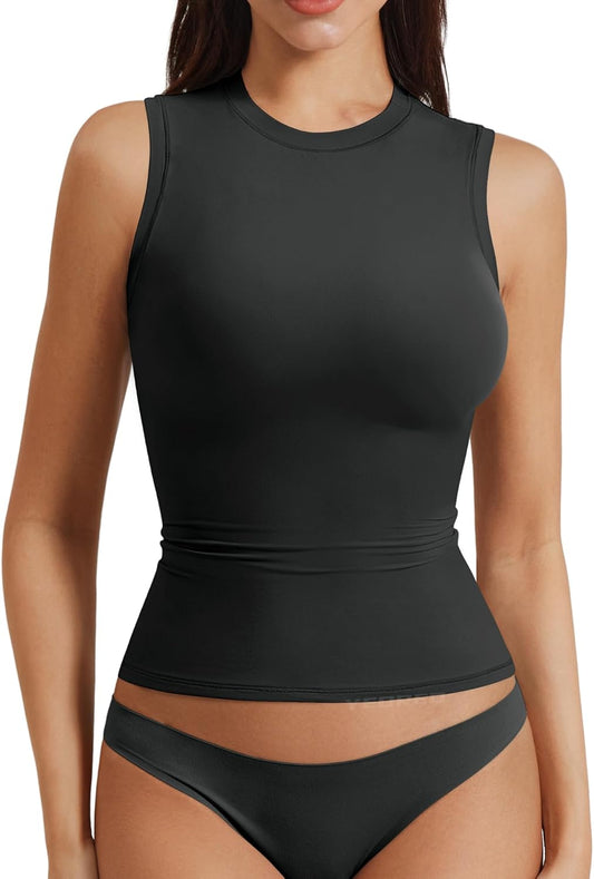 YEOREO Women Basic Mock Neck Workout Crop Top Sleeveless Double Lined Tank Tee Slim Fitted Ruched Going Out Camisole
