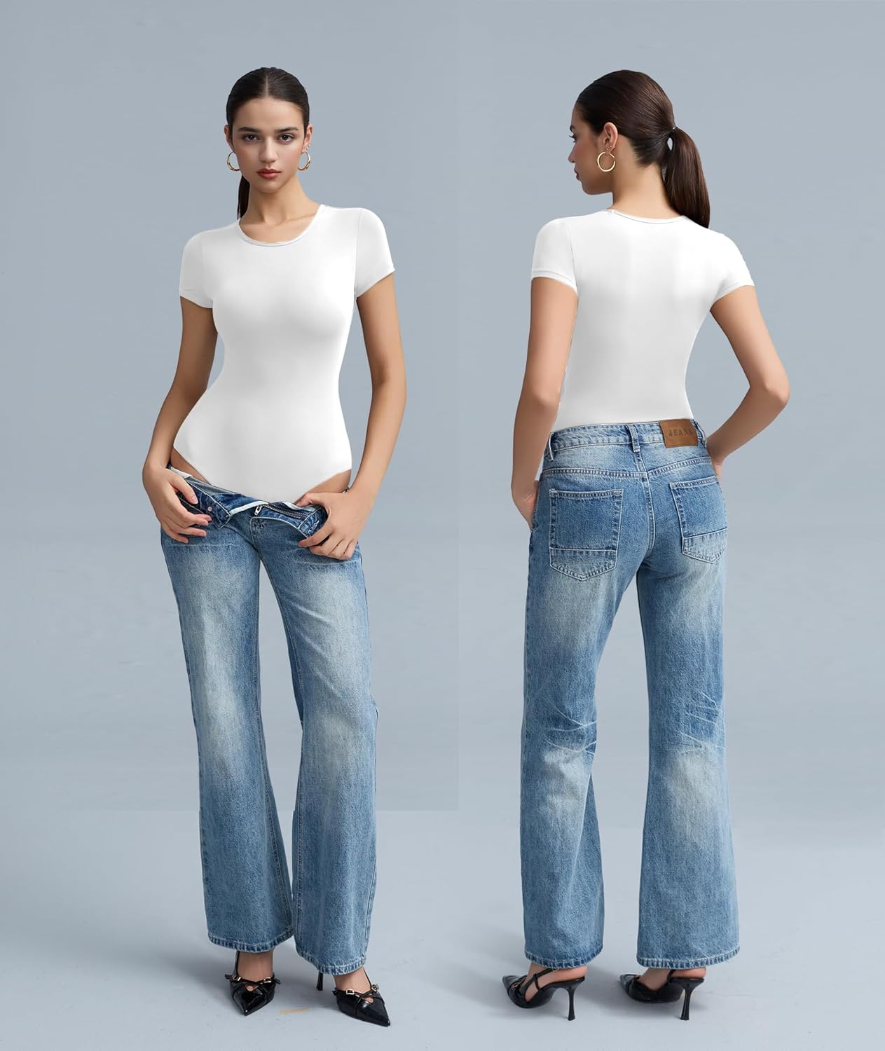 Women's Round Neck Short Sleeve Bodysuit Tops - Stretchy Casual Basic Double-Lined T-Shirt Body Suits for Women