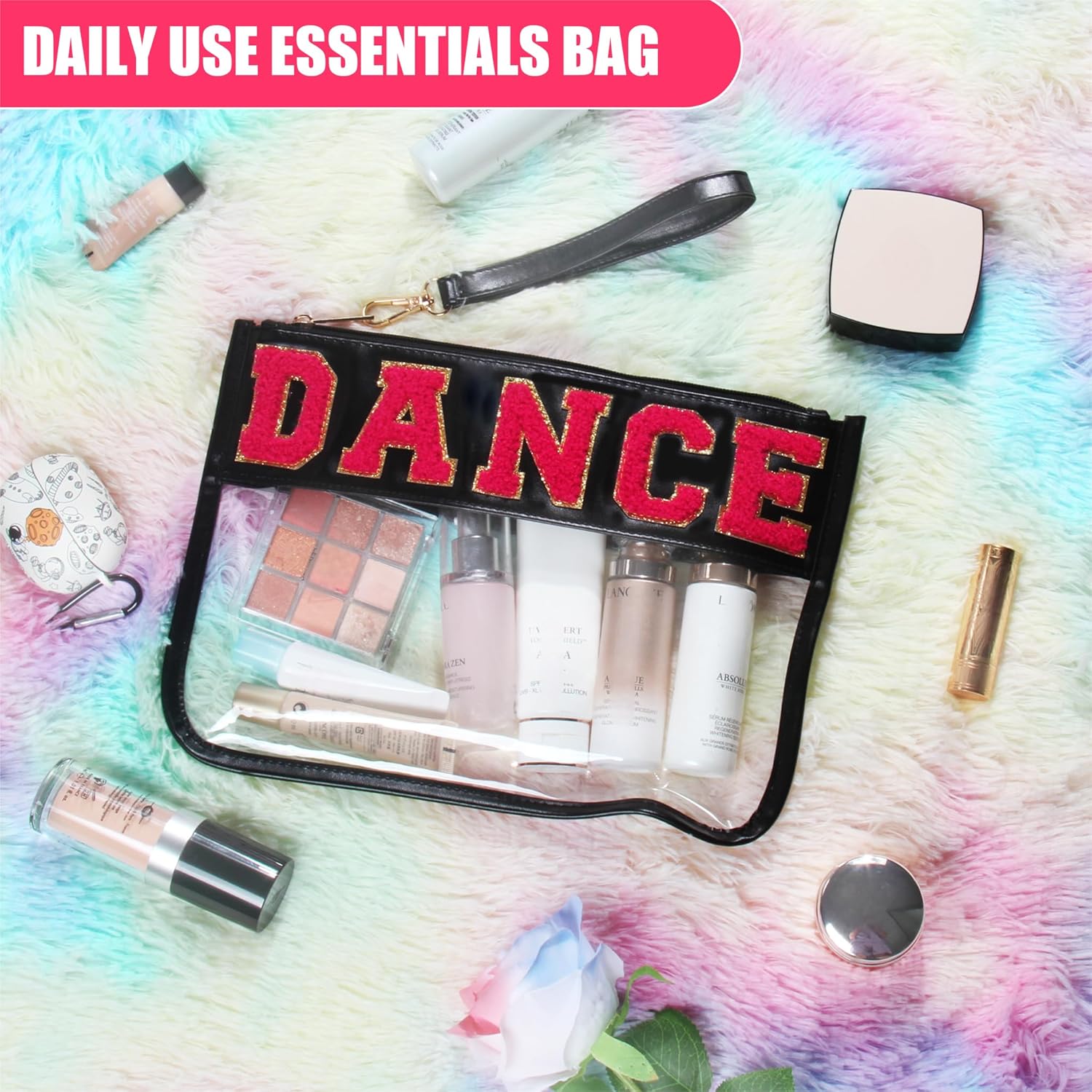 Dance Recital Gifts, Clear Makeup Letter Bag, Chenille Letter Patch Cosmetic Bag, Dance Competition Gift, Toiletry Pouches with Zipper, Waterproof Travel Purse for Girl Women Appreciation