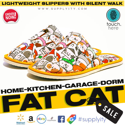 Chochili Men Fat Cat Home Slippers White Orange Lightweight Silent Walk Size 8 to 10
