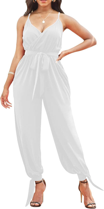LightlyKiss Casual Summer Dressy Jumpsuits for Women Spaghetti Strap Wide Leg Split Long Pants Loose Fit Rompers