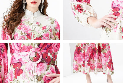 LAI MENG FIVE CATS Women's Floral Print Puff Sleeve Button Up Split Party Flowy Maxi Dress