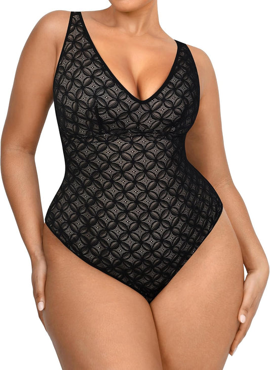 SHAPELLX Lace Body Suits for Women Tummy Control Black Thong Shapewear Bodysuit Backless Tank Top