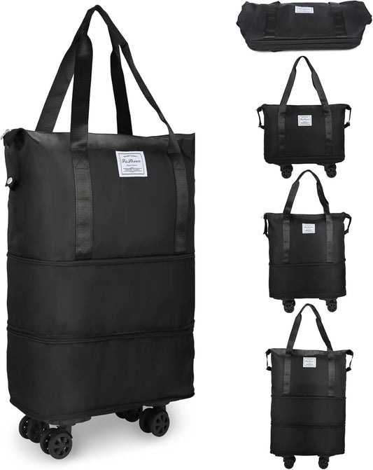 VOOWO Rolling Duffle Bag with Wheels, Expandable Foldable Duffle Bag for Travel, Rolling Under Seat Luggage Carry on Duffel Bags, Wheeled Travel Duffel Weekend Bags, Capacity 18L to 44L (Black)