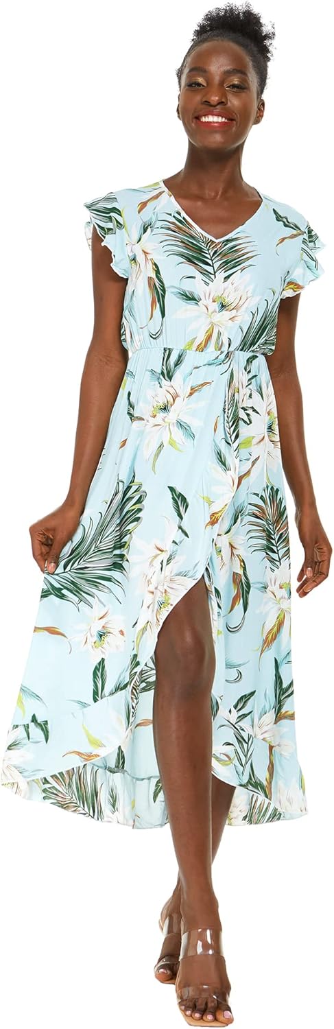 Matchable Couple Hawaiian Luau Shirt or Wrap Ruffle Dress in Wispy Cereus Light Blue