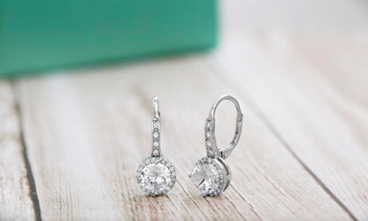 925 Sterling Silver Cubic Zirconia Halo Leverback Dangle Bridal Earrings for Women