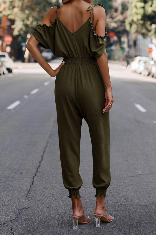 PRETTYGARDEN Jumpsuit for Women Casual Wrap V Neck Cold Shoulder One Piece Outfits Pants Romper (Army Green,Small)