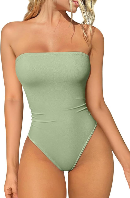 OQQ Womens Tube Bodysuits Strapless Basic Sleeveless Ruched Stretch Classic-Fit Tops Sexy Bodysuits