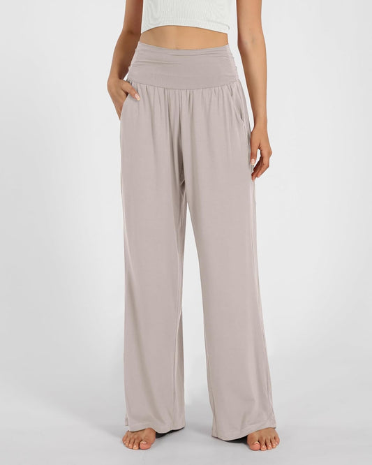 ODODOS Women's Wide Leg Palazzo Lounge Pants with Pockets Light Weight Loose Comfy Casual Pajama Pants-32 Inseam, Light Beige, Medium