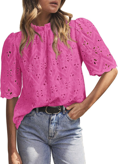 PRETTYGARDEN Summer Tops for Women 2025 Trendy Short Sleeve Eyelet Embroidered Dressy Casual Blouse Shirts