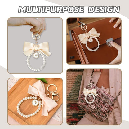 Pearl Bow Keychain Wistlet for Girls Women Bow Pearl Keychains Pink Black Beige