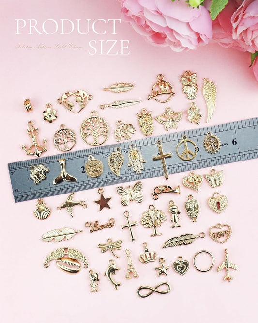 JIALEEY Wholesale Bulk 50PCS Mixed Gold Charms Pendants DIY for Necklace Bracelet Jewelry Making and Crafting