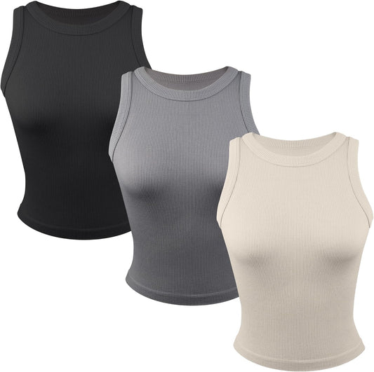 3 Pack Stretch Tank Tops for Women, Ribbed Crew Neck Womens Workout Yoga Tops (Available in Plus)