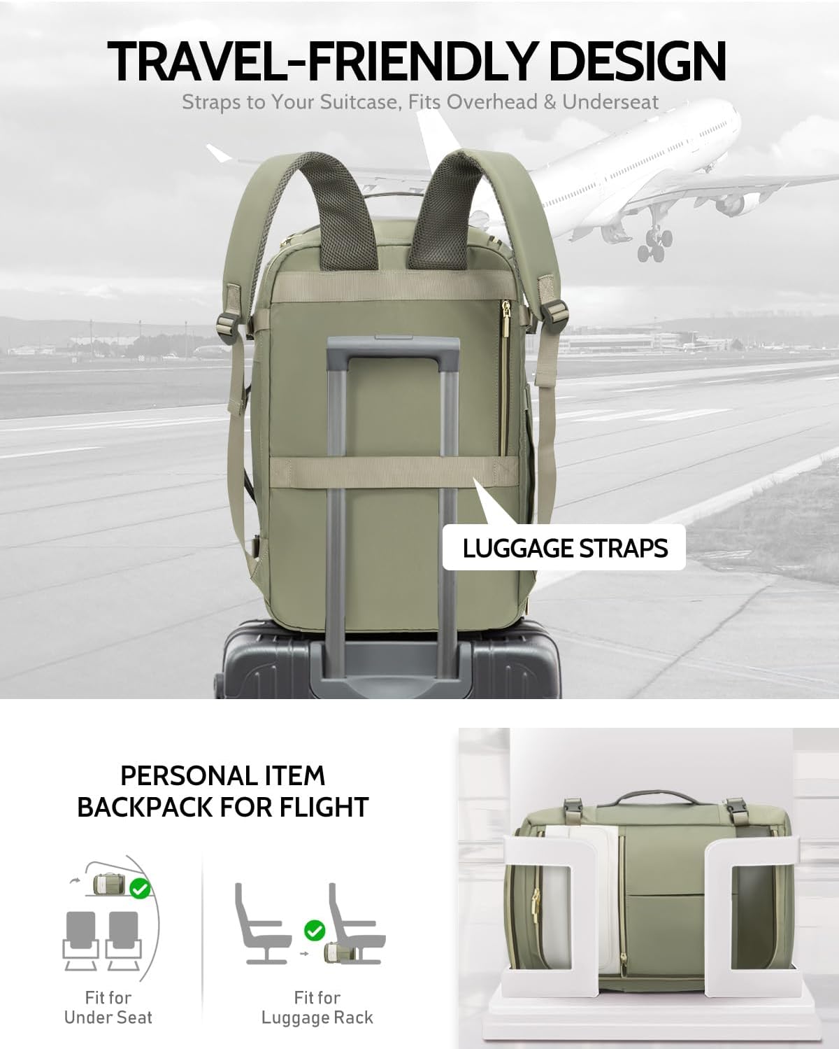 Travel Backpack for Women, 40L Carry On Backpacks Flight Approved, 18x14x8 Inches Personal Item Travel Bag, Large Backpack for Travel fits 17.3” Laptop, Waterproof Weekender Bag
