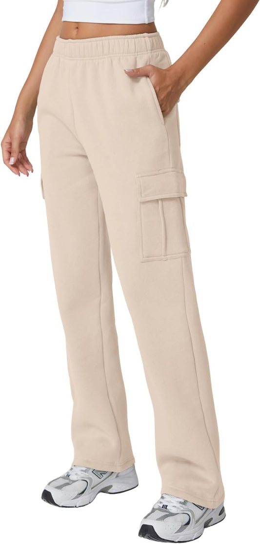 QINSEN Womens Medium Waist Baggy Elastic Waist Sweatpants Casual Fleece Long Pants with Pockets