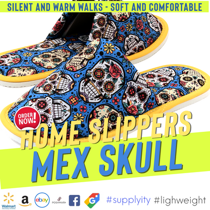 Chochili Men Mexican Skull Home Slippers Blue White Lightweight Silent Walk Size 8 to 10