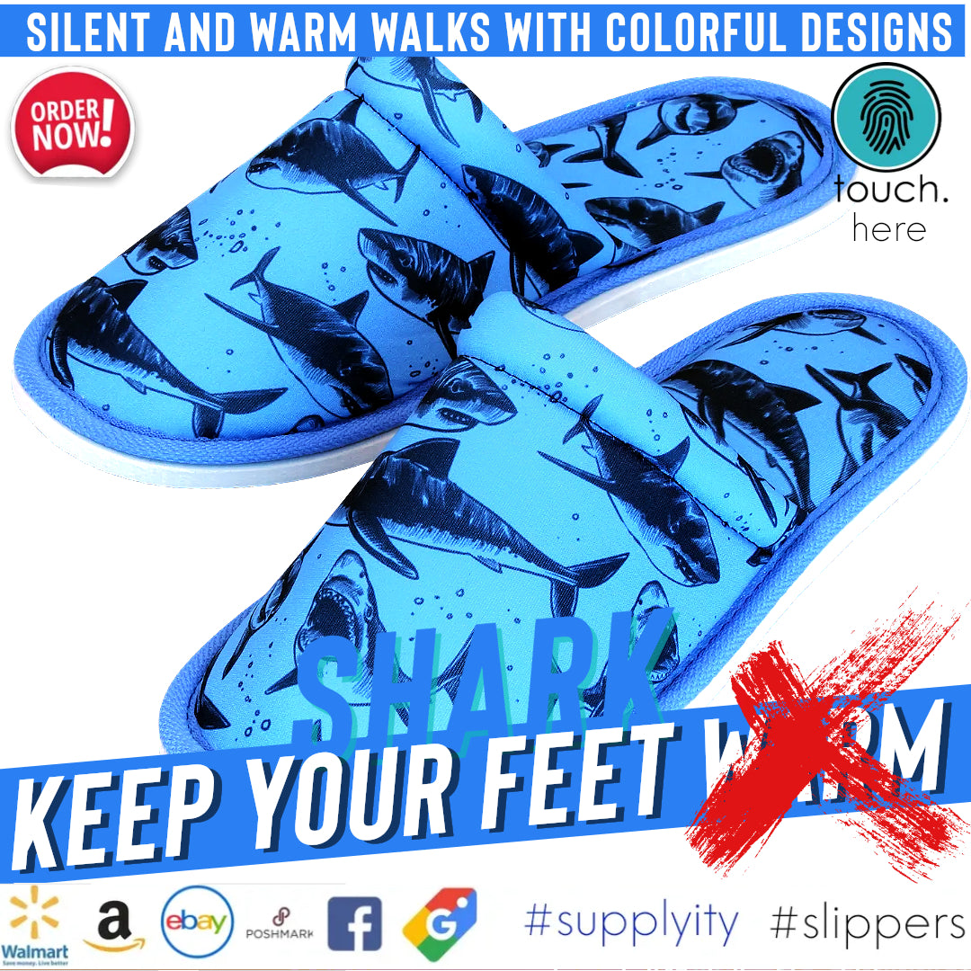 Chochili Men Shark Home Slippers Blue White Lightweight Silent Walk Size 8 to 10
