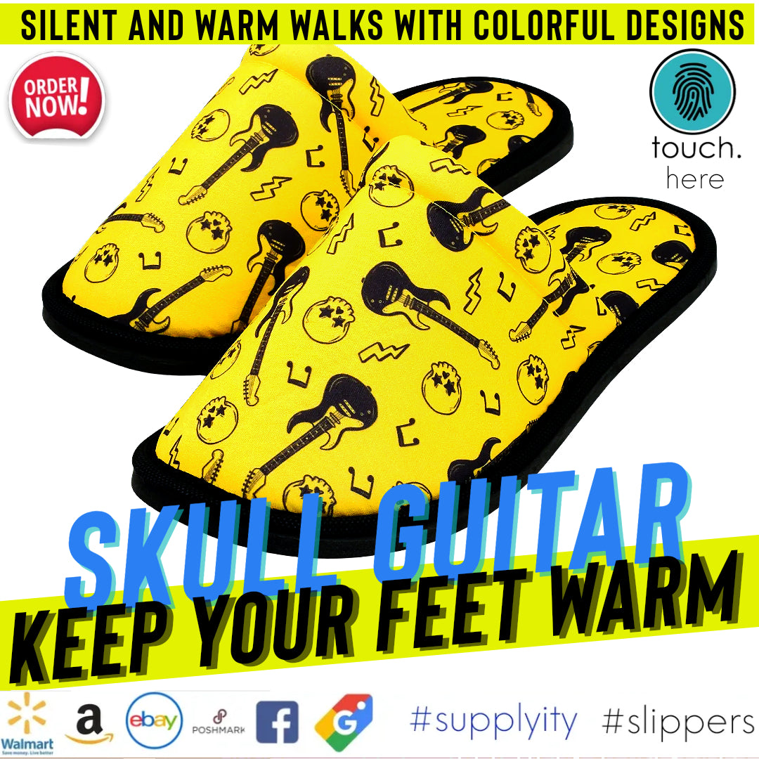 Chochili Men Guitar Skull Home Slippers Yellow Black Lightweight Silent Walk Size 8 to 10