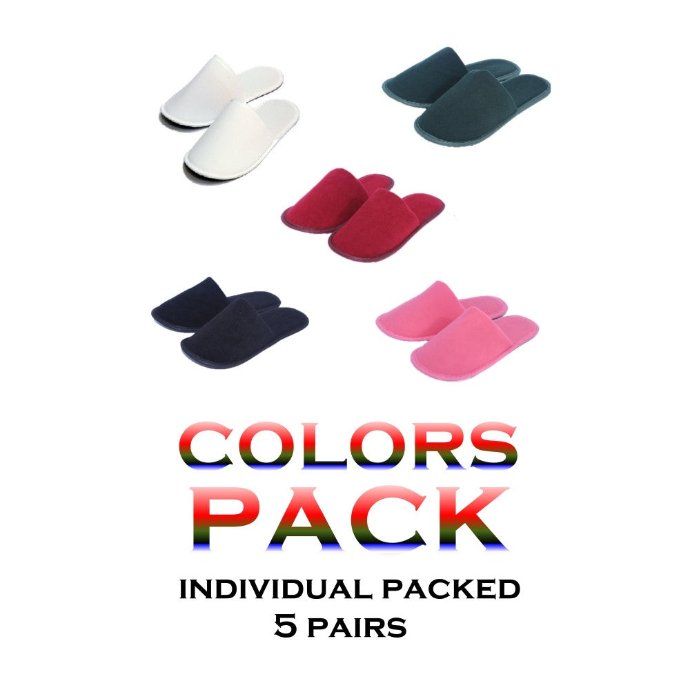 Chochili Color Mix 5 Pairs Fabric Packed Terry Cotton Disposable Hotel Slippers for Airbnb Spa Wedding Guests White Blue Green Black Red - supplyity