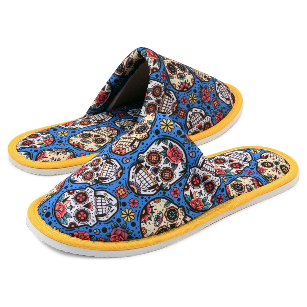 Chochili Women Mexican Skull Home Slippers Blue White Lightweight Silent Walk Size 7 to 8 - supplyity