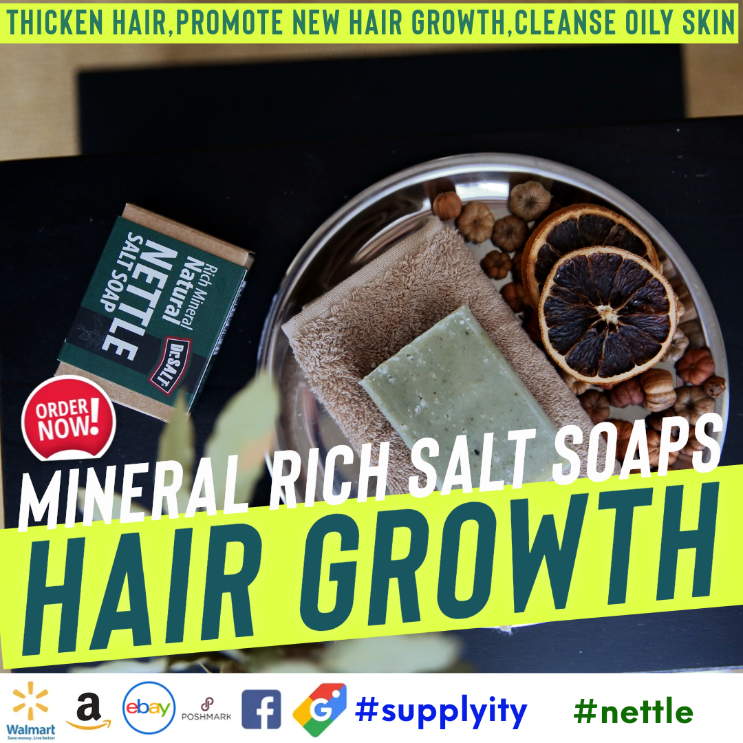 Dr Salt Rich Mineral Natural Nettle Salt Soap (2 Bars) Cleanse Oily Skin, Thicken Hair, Promote New Hair Growth, Treat Allergy